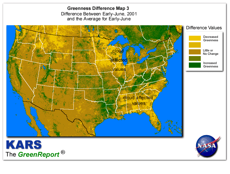 Color-coded U.S. vegetation greeness index map for Period 24 of 2001, illustrating spatial variations in plant vigor, with greener tones indicating higher biomass and browner tones indicating stressed vegetation,
              comparing current crop/vegetation change in biomass to the 20-year greenness average.