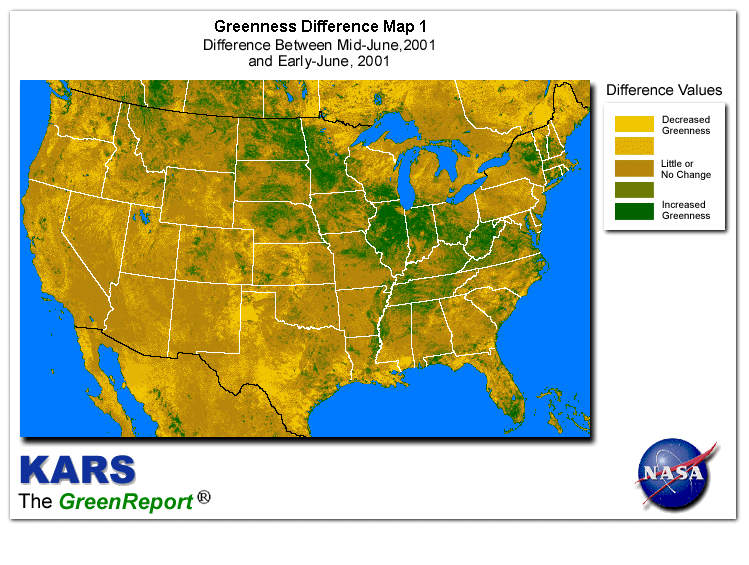 Color-coded U.S. vegetation greeness index map for Period 25 of 2001, illustrating spatial variations in plant vigor, with greener tones indicating higher biomass and browner tones indicating stressed vegetation,
              comparing current crop/vegetation change in biomass to the previous week within the same year.