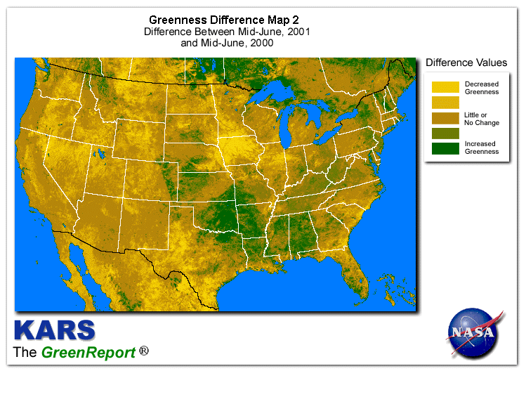 Color-coded U.S. vegetation greeness index map for Period 25 of 2001, illustrating spatial variations in plant vigor, with greener tones indicating higher biomass and browner tones indicating stressed vegetation,
              comparing current crop/vegetation change in biomass to same period from the previous year.