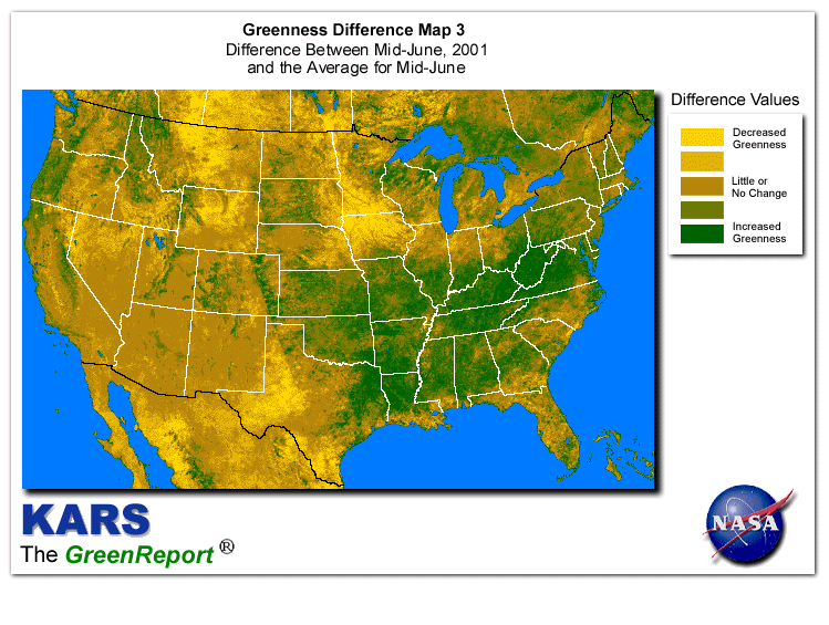 Color-coded U.S. vegetation greeness index map for Period 25 of 2001, illustrating spatial variations in plant vigor, with greener tones indicating higher biomass and browner tones indicating stressed vegetation,
              comparing current crop/vegetation change in biomass to the 20-year greenness average.