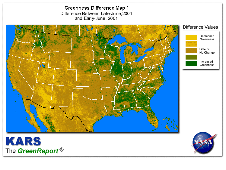 Color-coded U.S. vegetation greeness index map for Period 26 of 2001, illustrating spatial variations in plant vigor, with greener tones indicating higher biomass and browner tones indicating stressed vegetation,
              comparing current crop/vegetation change in biomass to the previous week within the same year.