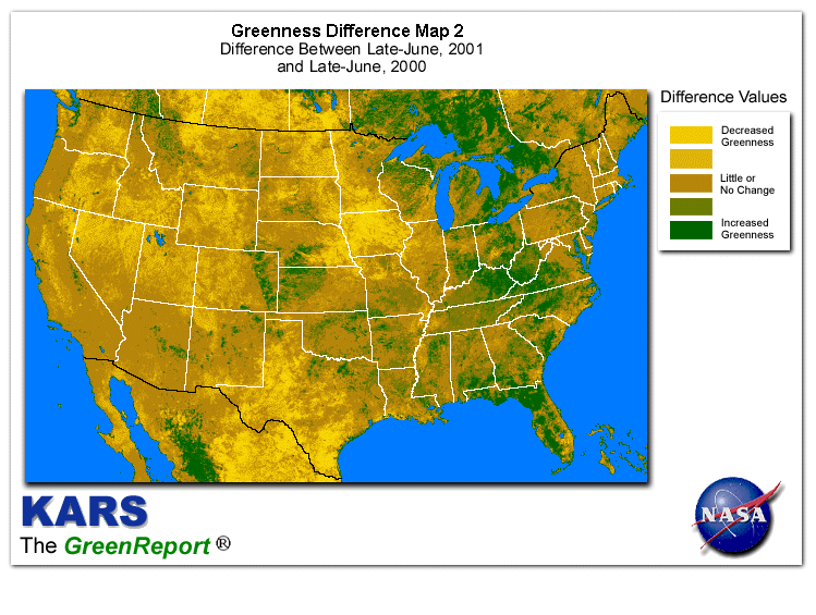 Color-coded U.S. vegetation greeness index map for Period 26 of 2001, illustrating spatial variations in plant vigor, with greener tones indicating higher biomass and browner tones indicating stressed vegetation,
              comparing current crop/vegetation change in biomass to same period from the previous year.