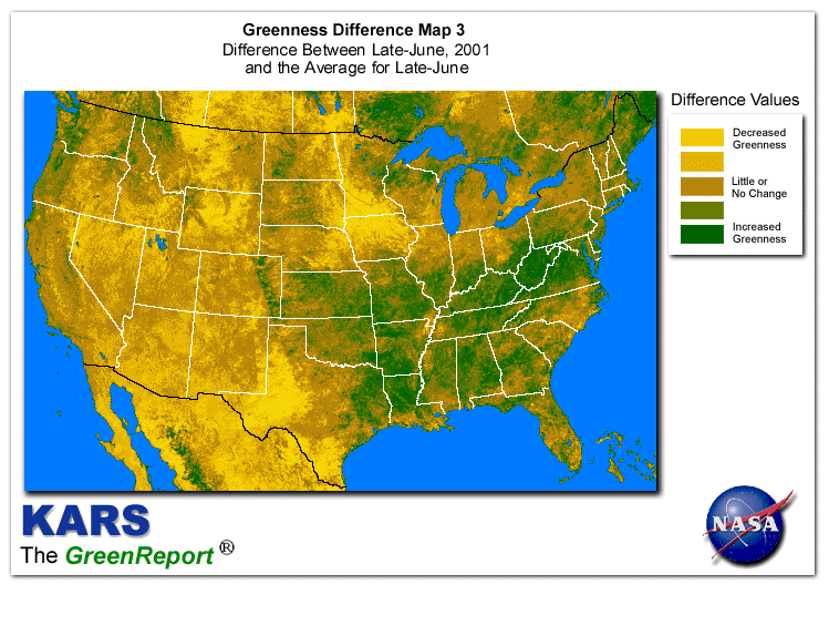 Color-coded U.S. vegetation greeness index map for Period 26 of 2001, illustrating spatial variations in plant vigor, with greener tones indicating higher biomass and browner tones indicating stressed vegetation,
              comparing current crop/vegetation change in biomass to the 20-year greenness average.