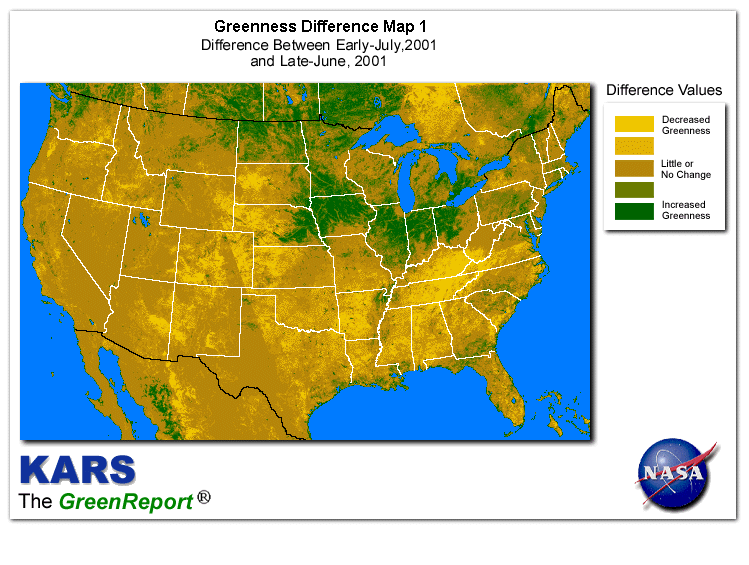 Color-coded U.S. vegetation greeness index map for Period 27 of 2001, illustrating spatial variations in plant vigor, with greener tones indicating higher biomass and browner tones indicating stressed vegetation,
              comparing current crop/vegetation change in biomass to the previous week within the same year.