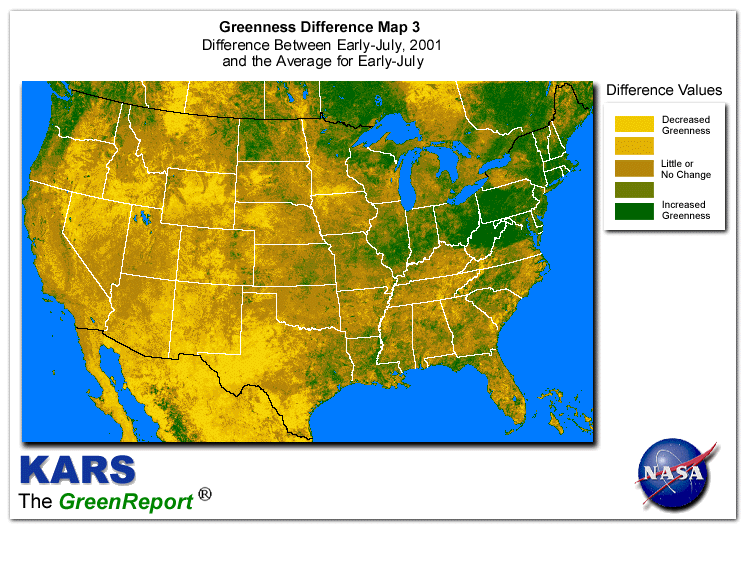 Color-coded U.S. vegetation greeness index map for Period 27 of 2001, illustrating spatial variations in plant vigor, with greener tones indicating higher biomass and browner tones indicating stressed vegetation,
              comparing current crop/vegetation change in biomass to the 20-year greenness average.