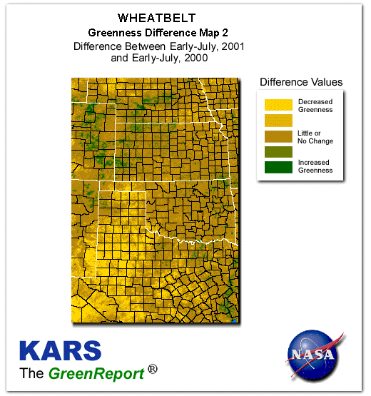 Color-coded Wheat Belt vegetation greeness index map for Period 27 of 2001, illustrating spatial variations in plant vigor, with greener tones indicating higher biomass and browner tones indicating stressed vegetation,
              comparing current crop/vegetation change in biomass to same period from the previous year.