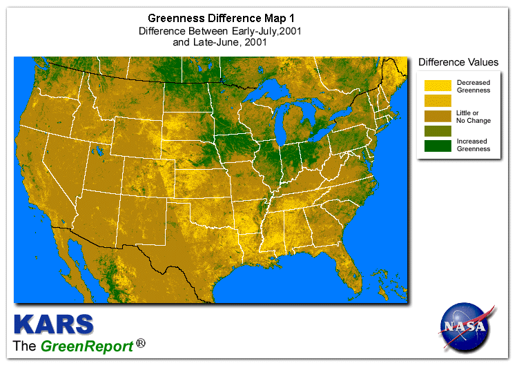 Color-coded U.S. vegetation greeness index map for Period 28 of 2001, illustrating spatial variations in plant vigor, with greener tones indicating higher biomass and browner tones indicating stressed vegetation,
              comparing current crop/vegetation change in biomass to the previous week within the same year.