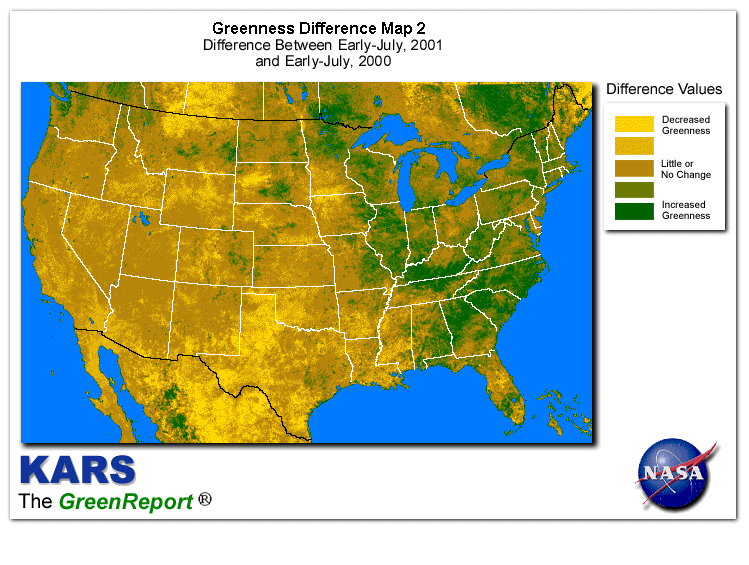 Color-coded U.S. vegetation greeness index map for Period 28 of 2001, illustrating spatial variations in plant vigor, with greener tones indicating higher biomass and browner tones indicating stressed vegetation,
              comparing current crop/vegetation change in biomass to same period from the previous year.