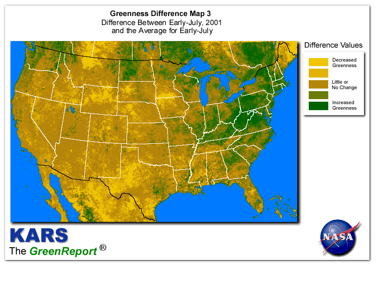 Color-coded U.S. vegetation greeness index map for Period 28 of 2001, illustrating spatial variations in plant vigor, with greener tones indicating higher biomass and browner tones indicating stressed vegetation,
              comparing current crop/vegetation change in biomass to the 20-year greenness average.