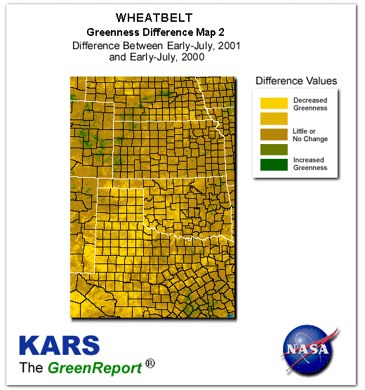 Color-coded Wheat Belt vegetation greeness index map for Period 28 of 2001, illustrating spatial variations in plant vigor, with greener tones indicating higher biomass and browner tones indicating stressed vegetation,
              comparing current crop/vegetation change in biomass to same period from the previous year.