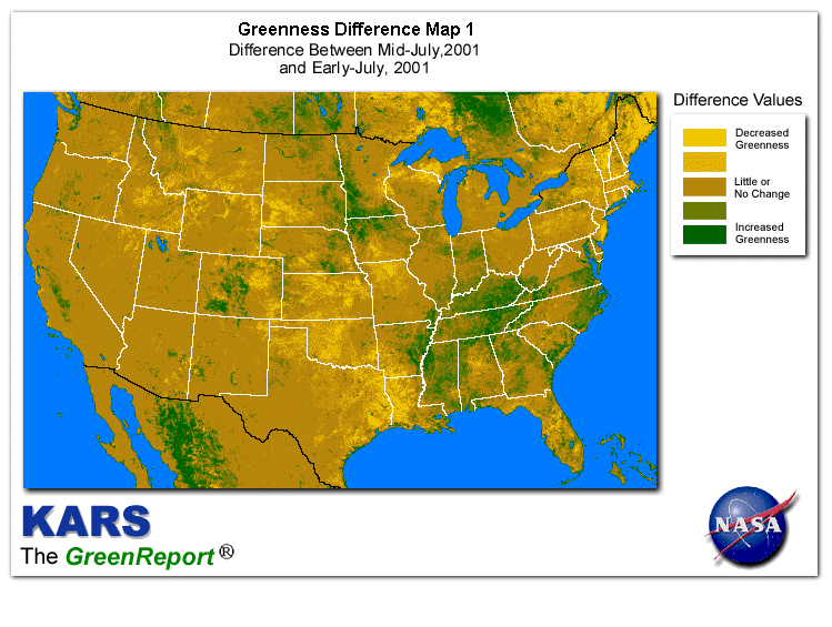 Color-coded U.S. vegetation greeness index map for Period 29 of 2001, illustrating spatial variations in plant vigor, with greener tones indicating higher biomass and browner tones indicating stressed vegetation,
              comparing current crop/vegetation change in biomass to the previous week within the same year.