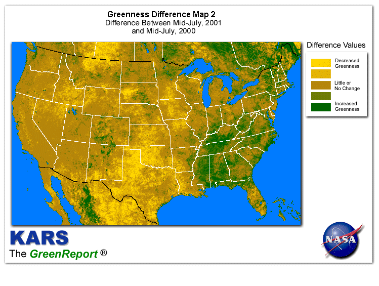 Color-coded U.S. vegetation greeness index map for Period 29 of 2001, illustrating spatial variations in plant vigor, with greener tones indicating higher biomass and browner tones indicating stressed vegetation,
              comparing current crop/vegetation change in biomass to same period from the previous year.