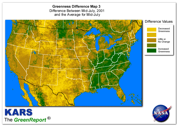 Color-coded U.S. vegetation greeness index map for Period 29 of 2001, illustrating spatial variations in plant vigor, with greener tones indicating higher biomass and browner tones indicating stressed vegetation,
              comparing current crop/vegetation change in biomass to the 20-year greenness average.