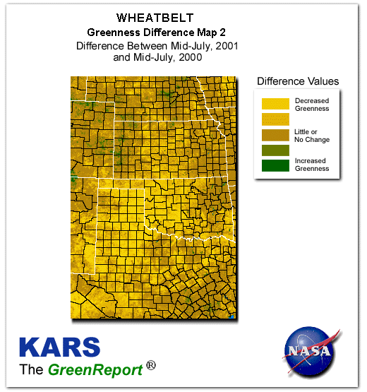 Color-coded Wheat Belt vegetation greeness index map for Period 29 of 2001, illustrating spatial variations in plant vigor, with greener tones indicating higher biomass and browner tones indicating stressed vegetation,
              comparing current crop/vegetation change in biomass to same period from the previous year.