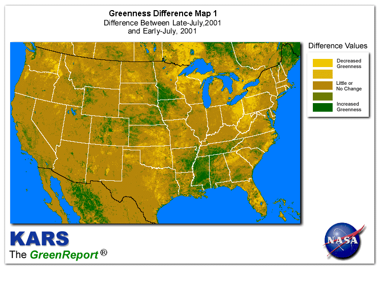 Color-coded U.S. vegetation greeness index map for Period 30 of 2001, illustrating spatial variations in plant vigor, with greener tones indicating higher biomass and browner tones indicating stressed vegetation,
              comparing current crop/vegetation change in biomass to the previous week within the same year.