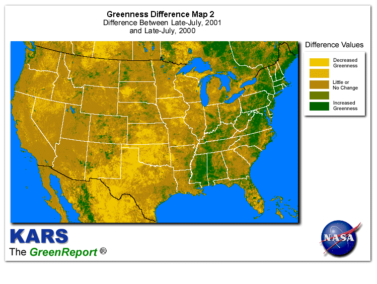 Color-coded U.S. vegetation greeness index map for Period 30 of 2001, illustrating spatial variations in plant vigor, with greener tones indicating higher biomass and browner tones indicating stressed vegetation,
              comparing current crop/vegetation change in biomass to same period from the previous year.