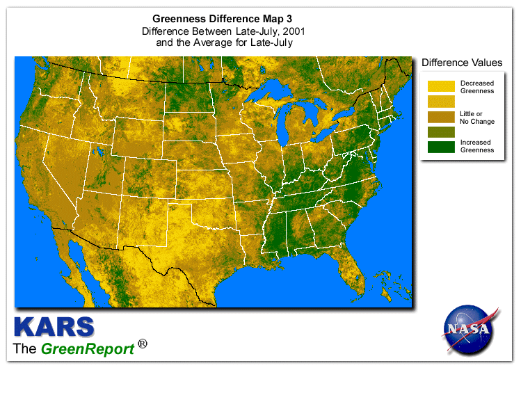 Color-coded U.S. vegetation greeness index map for Period 30 of 2001, illustrating spatial variations in plant vigor, with greener tones indicating higher biomass and browner tones indicating stressed vegetation,
              comparing current crop/vegetation change in biomass to the 20-year greenness average.