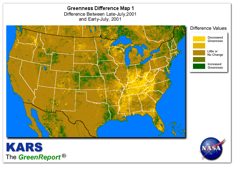 Color-coded U.S. vegetation greeness index map for Period 31 of 2001, illustrating spatial variations in plant vigor, with greener tones indicating higher biomass and browner tones indicating stressed vegetation,
              comparing current crop/vegetation change in biomass to the previous week within the same year.