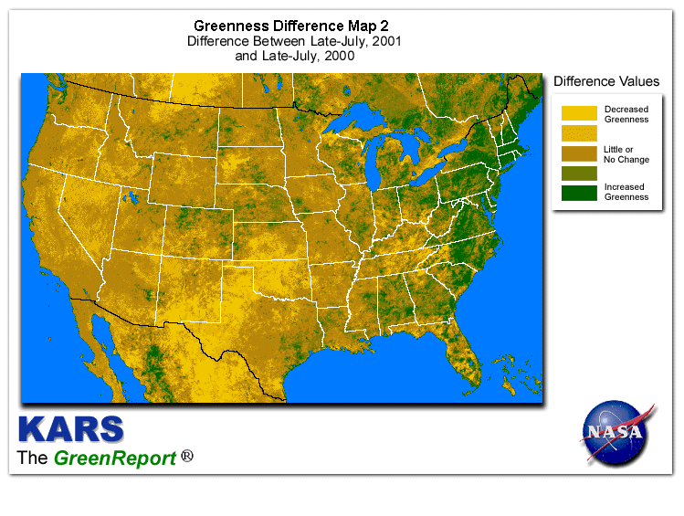 Color-coded U.S. vegetation greeness index map for Period 31 of 2001, illustrating spatial variations in plant vigor, with greener tones indicating higher biomass and browner tones indicating stressed vegetation,
              comparing current crop/vegetation change in biomass to same period from the previous year.