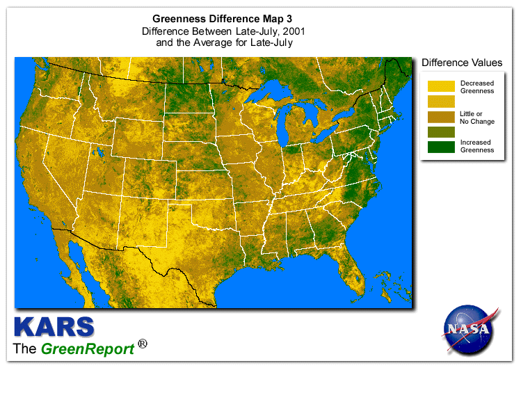 Color-coded U.S. vegetation greeness index map for Period 31 of 2001, illustrating spatial variations in plant vigor, with greener tones indicating higher biomass and browner tones indicating stressed vegetation,
              comparing current crop/vegetation change in biomass to the 20-year greenness average.