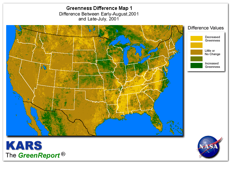 Color-coded U.S. vegetation greeness index map for Period 32 of 2001, illustrating spatial variations in plant vigor, with greener tones indicating higher biomass and browner tones indicating stressed vegetation,
              comparing current crop/vegetation change in biomass to the previous week within the same year.