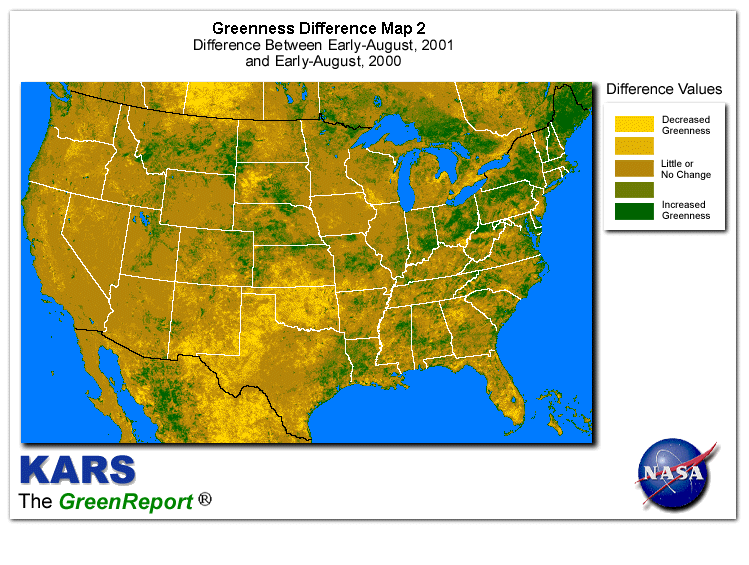 Color-coded U.S. vegetation greeness index map for Period 32 of 2001, illustrating spatial variations in plant vigor, with greener tones indicating higher biomass and browner tones indicating stressed vegetation,
              comparing current crop/vegetation change in biomass to same period from the previous year.
