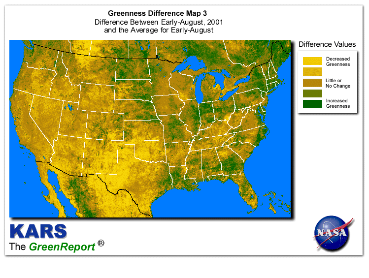 Color-coded U.S. vegetation greeness index map for Period 32 of 2001, illustrating spatial variations in plant vigor, with greener tones indicating higher biomass and browner tones indicating stressed vegetation,
              comparing current crop/vegetation change in biomass to the 20-year greenness average.