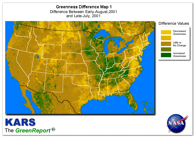 Color-coded U.S. vegetation greeness index map for Period 33 of 2001, illustrating spatial variations in plant vigor, with greener tones indicating higher biomass and browner tones indicating stressed vegetation,
              comparing current crop/vegetation change in biomass to the previous week within the same year.