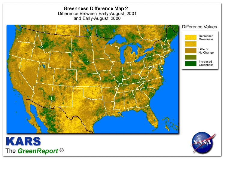 Color-coded U.S. vegetation greeness index map for Period 33 of 2001, illustrating spatial variations in plant vigor, with greener tones indicating higher biomass and browner tones indicating stressed vegetation,
              comparing current crop/vegetation change in biomass to same period from the previous year.