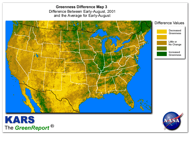 Color-coded U.S. vegetation greeness index map for Period 33 of 2001, illustrating spatial variations in plant vigor, with greener tones indicating higher biomass and browner tones indicating stressed vegetation,
              comparing current crop/vegetation change in biomass to the 20-year greenness average.