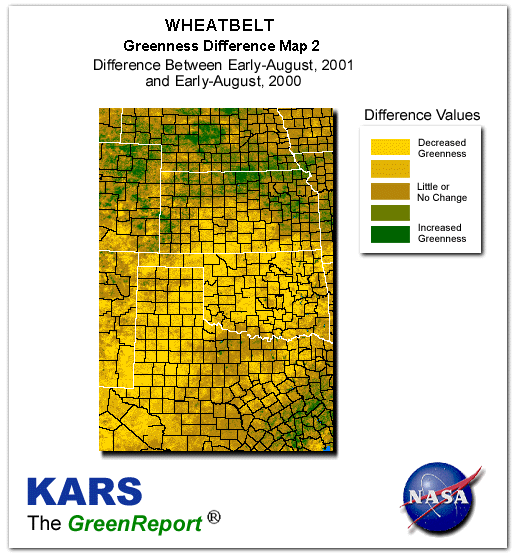 Color-coded Wheat Belt vegetation greeness index map for Period 33 of 2001, illustrating spatial variations in plant vigor, with greener tones indicating higher biomass and browner tones indicating stressed vegetation,
              comparing current crop/vegetation change in biomass to same period from the previous year.