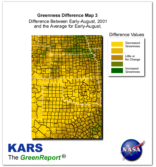 Color-coded Wheat Belt vegetation greeness index map for Period 33 of 2001, illustrating spatial variations in plant vigor, with greener tones indicating higher biomass and browner tones indicating stressed vegetation,
              comparing current crop/vegetation change in biomass to the 20-year greenness average.