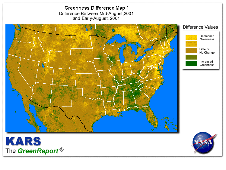 Color-coded U.S. vegetation greeness index map for Period 34 of 2001, illustrating spatial variations in plant vigor, with greener tones indicating higher biomass and browner tones indicating stressed vegetation,
              comparing current crop/vegetation change in biomass to the previous week within the same year.