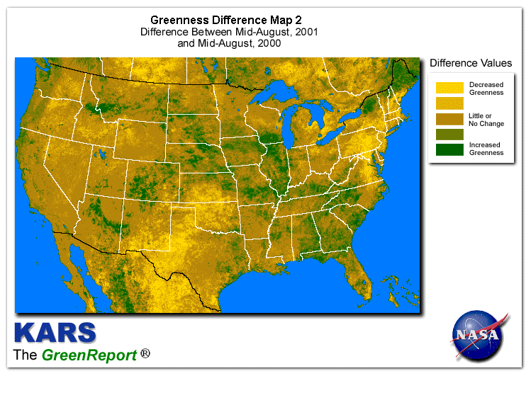 Color-coded U.S. vegetation greeness index map for Period 34 of 2001, illustrating spatial variations in plant vigor, with greener tones indicating higher biomass and browner tones indicating stressed vegetation,
              comparing current crop/vegetation change in biomass to same period from the previous year.