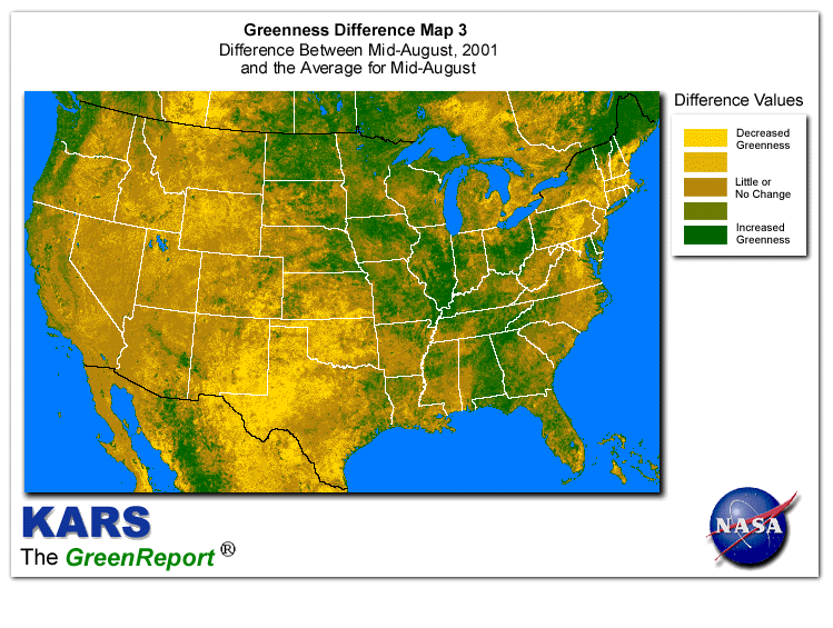 Color-coded U.S. vegetation greeness index map for Period 34 of 2001, illustrating spatial variations in plant vigor, with greener tones indicating higher biomass and browner tones indicating stressed vegetation,
              comparing current crop/vegetation change in biomass to the 20-year greenness average.