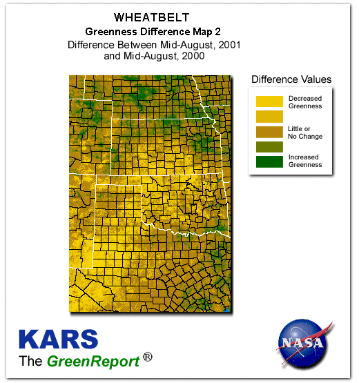 Color-coded Wheat Belt vegetation greeness index map for Period 34 of 2001, illustrating spatial variations in plant vigor, with greener tones indicating higher biomass and browner tones indicating stressed vegetation,
              comparing current crop/vegetation change in biomass to same period from the previous year.