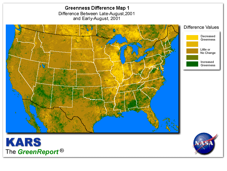 Color-coded U.S. vegetation greeness index map for Period 35 of 2001, illustrating spatial variations in plant vigor, with greener tones indicating higher biomass and browner tones indicating stressed vegetation,
              comparing current crop/vegetation change in biomass to the previous week within the same year.