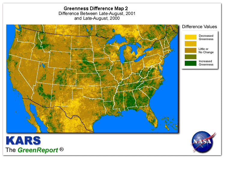 Color-coded U.S. vegetation greeness index map for Period 35 of 2001, illustrating spatial variations in plant vigor, with greener tones indicating higher biomass and browner tones indicating stressed vegetation,
              comparing current crop/vegetation change in biomass to same period from the previous year.