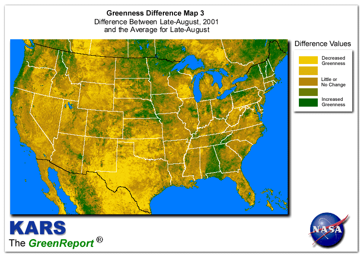 Color-coded U.S. vegetation greeness index map for Period 35 of 2001, illustrating spatial variations in plant vigor, with greener tones indicating higher biomass and browner tones indicating stressed vegetation,
              comparing current crop/vegetation change in biomass to the 20-year greenness average.