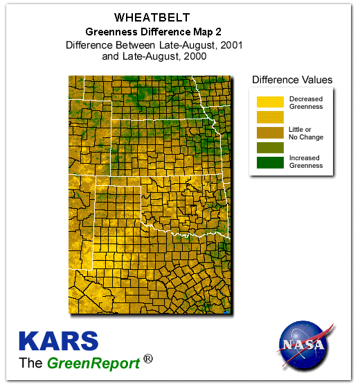 Color-coded Wheat Belt vegetation greeness index map for Period 35 of 2001, illustrating spatial variations in plant vigor, with greener tones indicating higher biomass and browner tones indicating stressed vegetation,
              comparing current crop/vegetation change in biomass to same period from the previous year.