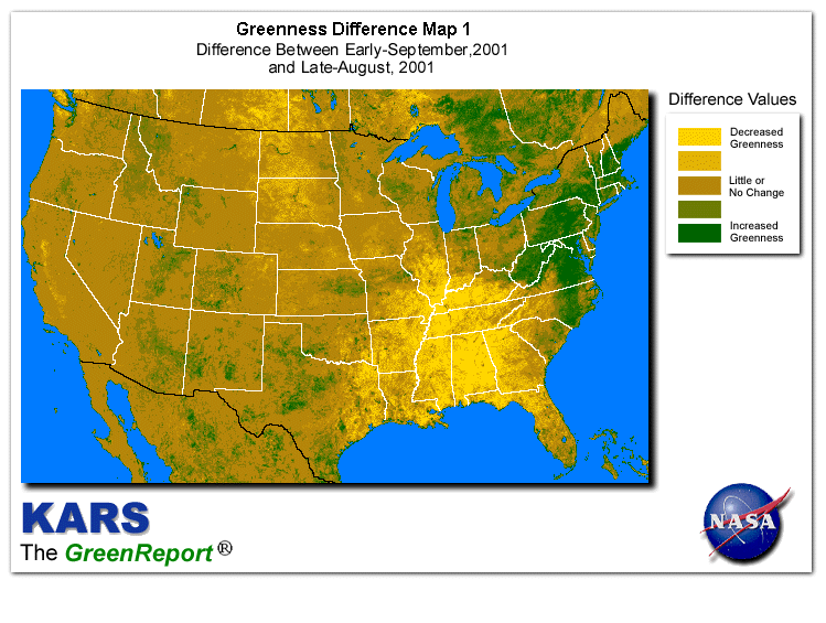 Color-coded U.S. vegetation greeness index map for Period 36 of 2001, illustrating spatial variations in plant vigor, with greener tones indicating higher biomass and browner tones indicating stressed vegetation,
              comparing current crop/vegetation change in biomass to the previous week within the same year.