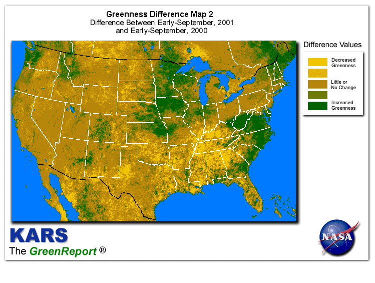 Color-coded U.S. vegetation greeness index map for Period 36 of 2001, illustrating spatial variations in plant vigor, with greener tones indicating higher biomass and browner tones indicating stressed vegetation,
              comparing current crop/vegetation change in biomass to same period from the previous year.