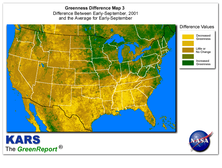 Color-coded U.S. vegetation greeness index map for Period 36 of 2001, illustrating spatial variations in plant vigor, with greener tones indicating higher biomass and browner tones indicating stressed vegetation,
              comparing current crop/vegetation change in biomass to the 20-year greenness average.