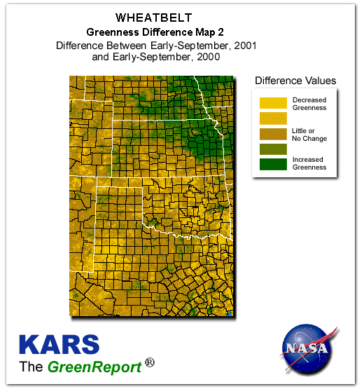 Color-coded Wheat Belt vegetation greeness index map for Period 36 of 2001, illustrating spatial variations in plant vigor, with greener tones indicating higher biomass and browner tones indicating stressed vegetation,
              comparing current crop/vegetation change in biomass to same period from the previous year.