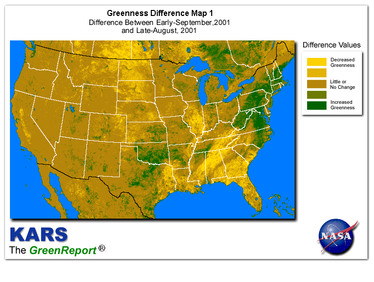Color-coded U.S. vegetation greeness index map for Period 37 of 2001, illustrating spatial variations in plant vigor, with greener tones indicating higher biomass and browner tones indicating stressed vegetation,
              comparing current crop/vegetation change in biomass to the previous week within the same year.