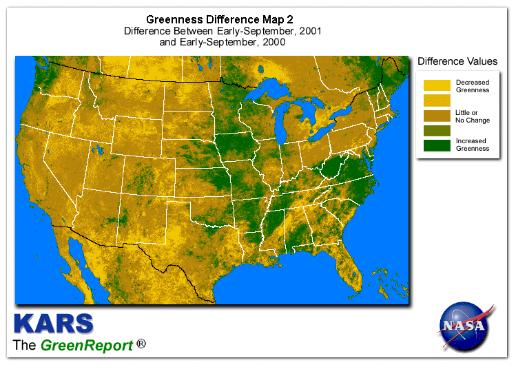 Color-coded U.S. vegetation greeness index map for Period 37 of 2001, illustrating spatial variations in plant vigor, with greener tones indicating higher biomass and browner tones indicating stressed vegetation,
              comparing current crop/vegetation change in biomass to same period from the previous year.