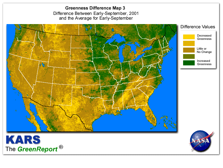 Color-coded U.S. vegetation greeness index map for Period 37 of 2001, illustrating spatial variations in plant vigor, with greener tones indicating higher biomass and browner tones indicating stressed vegetation,
              comparing current crop/vegetation change in biomass to the 20-year greenness average.