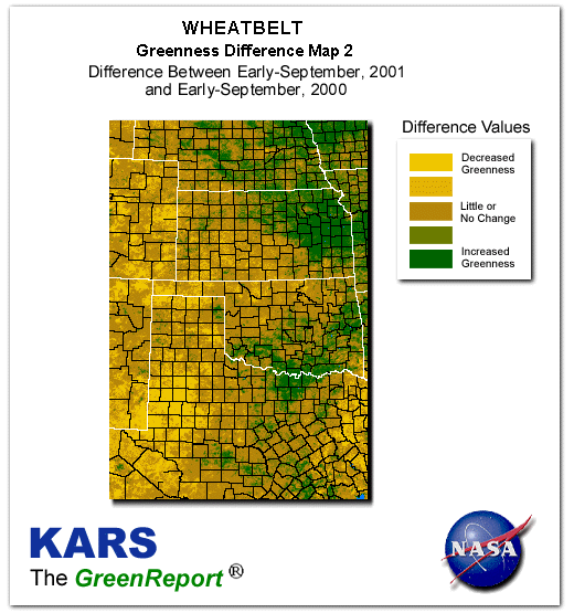 Color-coded Wheat Belt vegetation greeness index map for Period 37 of 2001, illustrating spatial variations in plant vigor, with greener tones indicating higher biomass and browner tones indicating stressed vegetation,
              comparing current crop/vegetation change in biomass to same period from the previous year.