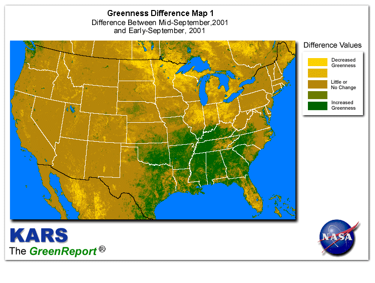 Color-coded U.S. vegetation greeness index map for Period 38 of 2001, illustrating spatial variations in plant vigor, with greener tones indicating higher biomass and browner tones indicating stressed vegetation,
              comparing current crop/vegetation change in biomass to the previous week within the same year.