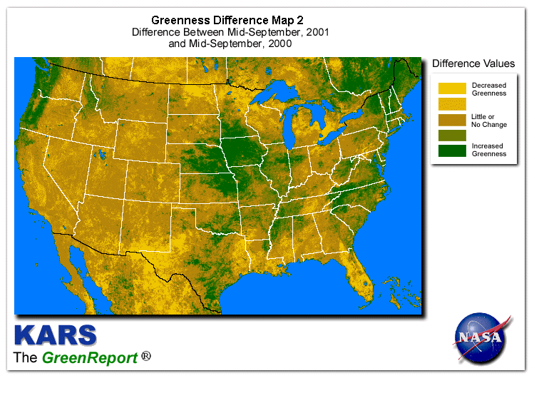 Color-coded U.S. vegetation greeness index map for Period 38 of 2001, illustrating spatial variations in plant vigor, with greener tones indicating higher biomass and browner tones indicating stressed vegetation,
              comparing current crop/vegetation change in biomass to same period from the previous year.